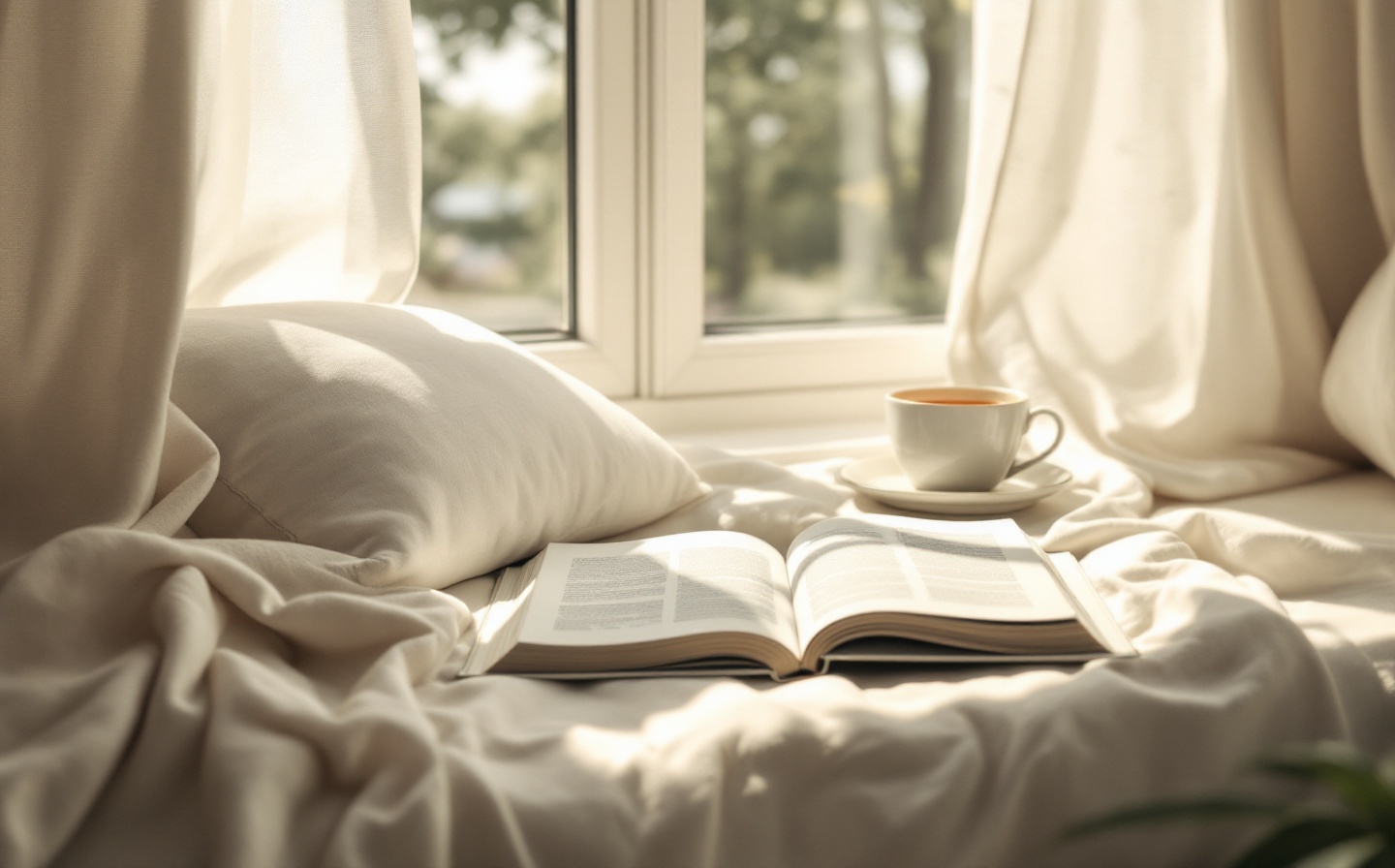 Soft morning light streaming through a window illuminating a wooden desk with a cup of tea and an open journal