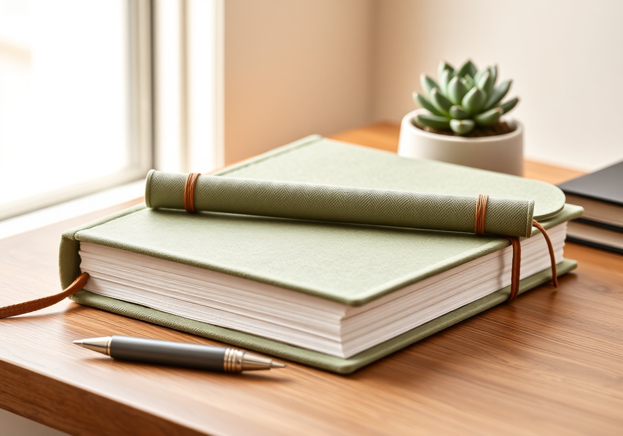 The Veriflow Guided Journal resting on a wooden desk next to a ceramic cup and a potted plant