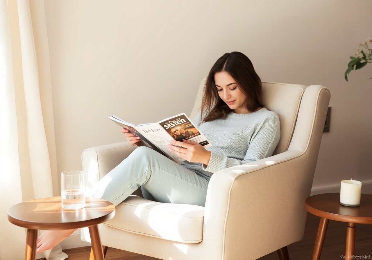 A person sitting by a window with a cup of tea and an open book, bathed in soft afternoon light