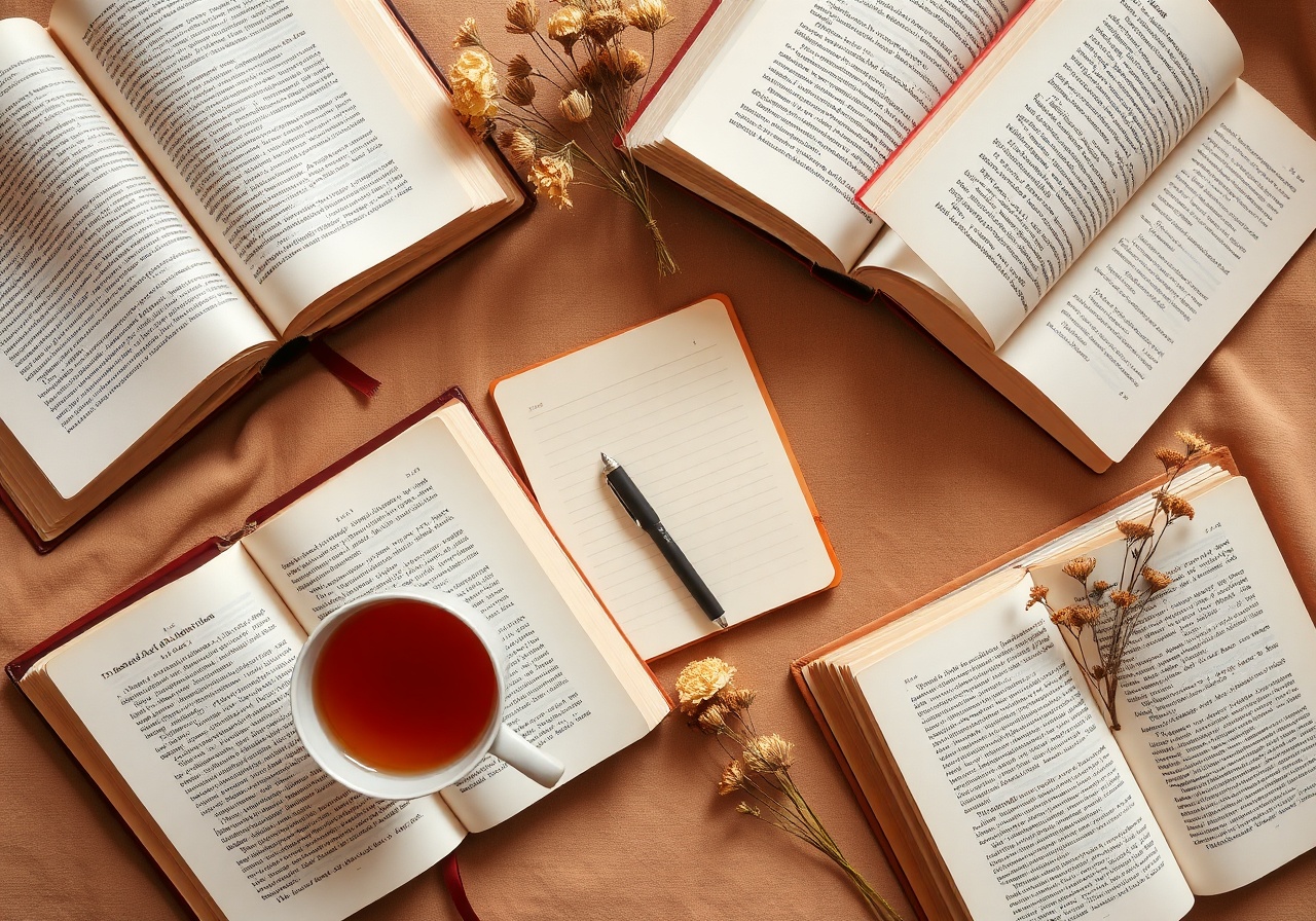A woman sitting in a sunlit room reading a book with a cup of tea