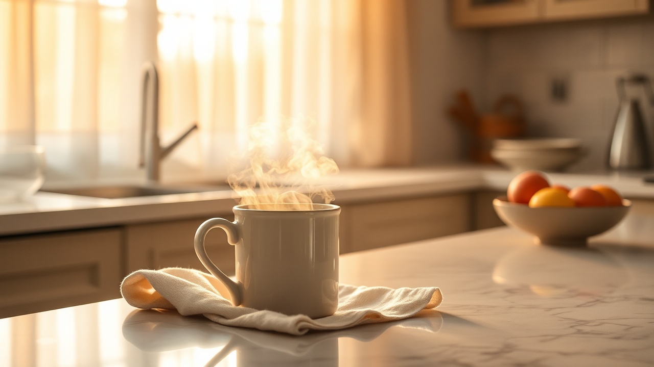A softly lit kitchen with steam rising from a cup