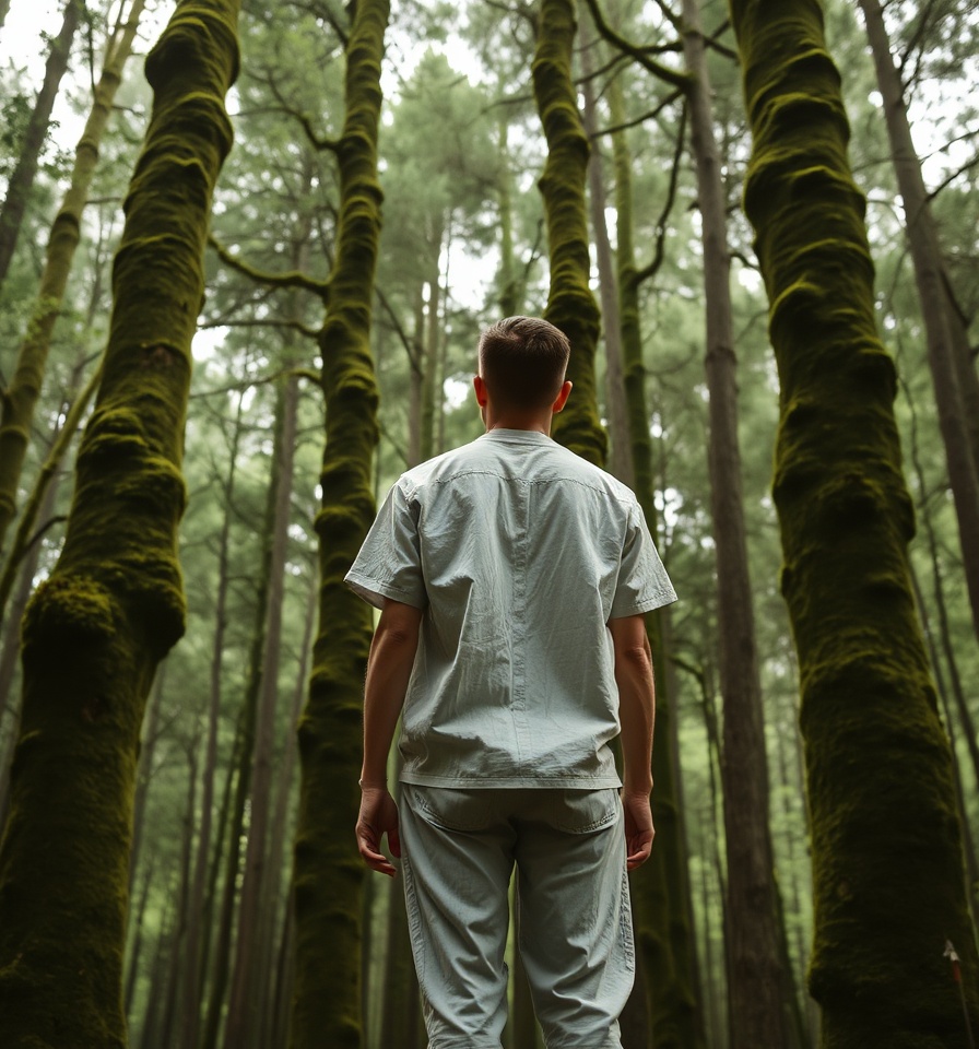 Person standing quietly among tall trees