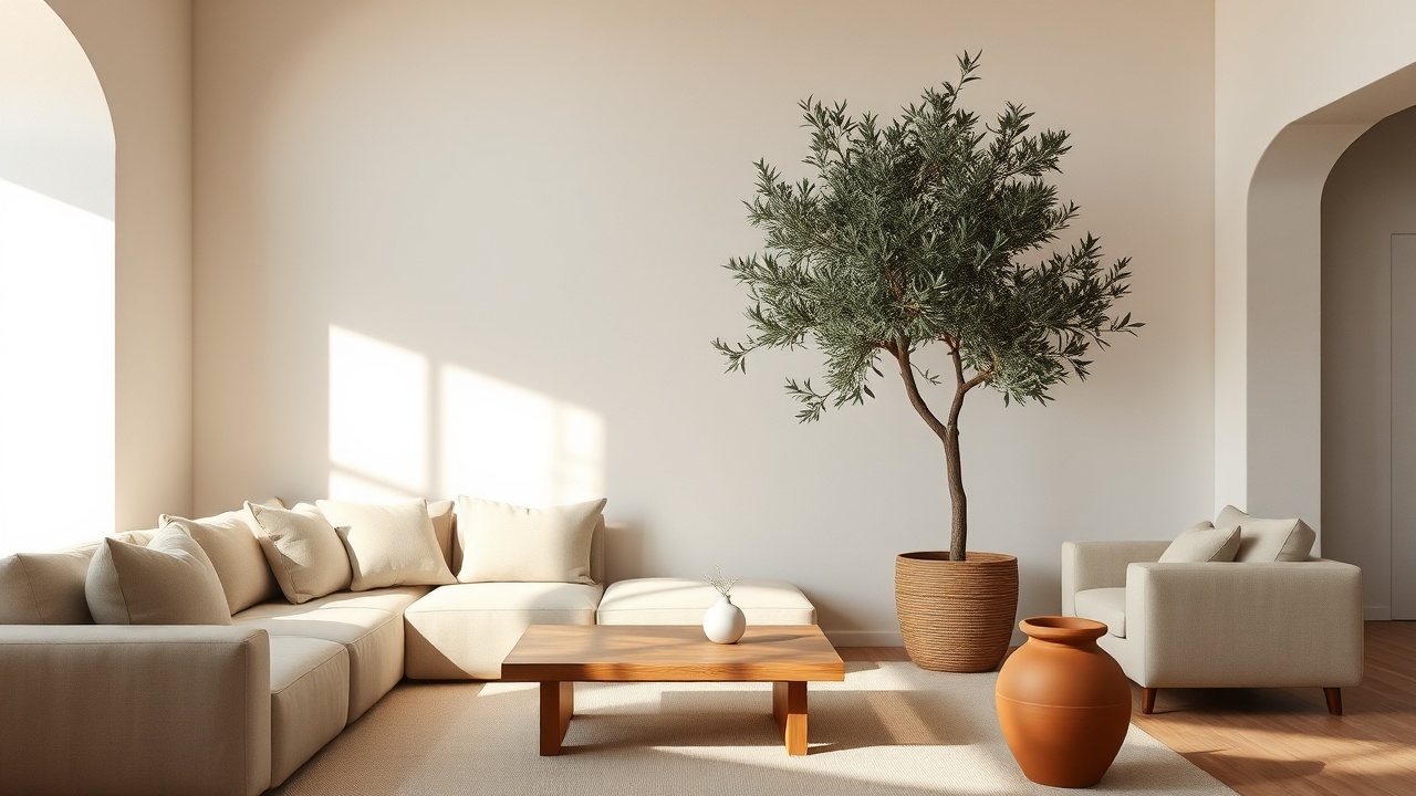 A minimal living room with natural linen, plants, and warm afternoon light