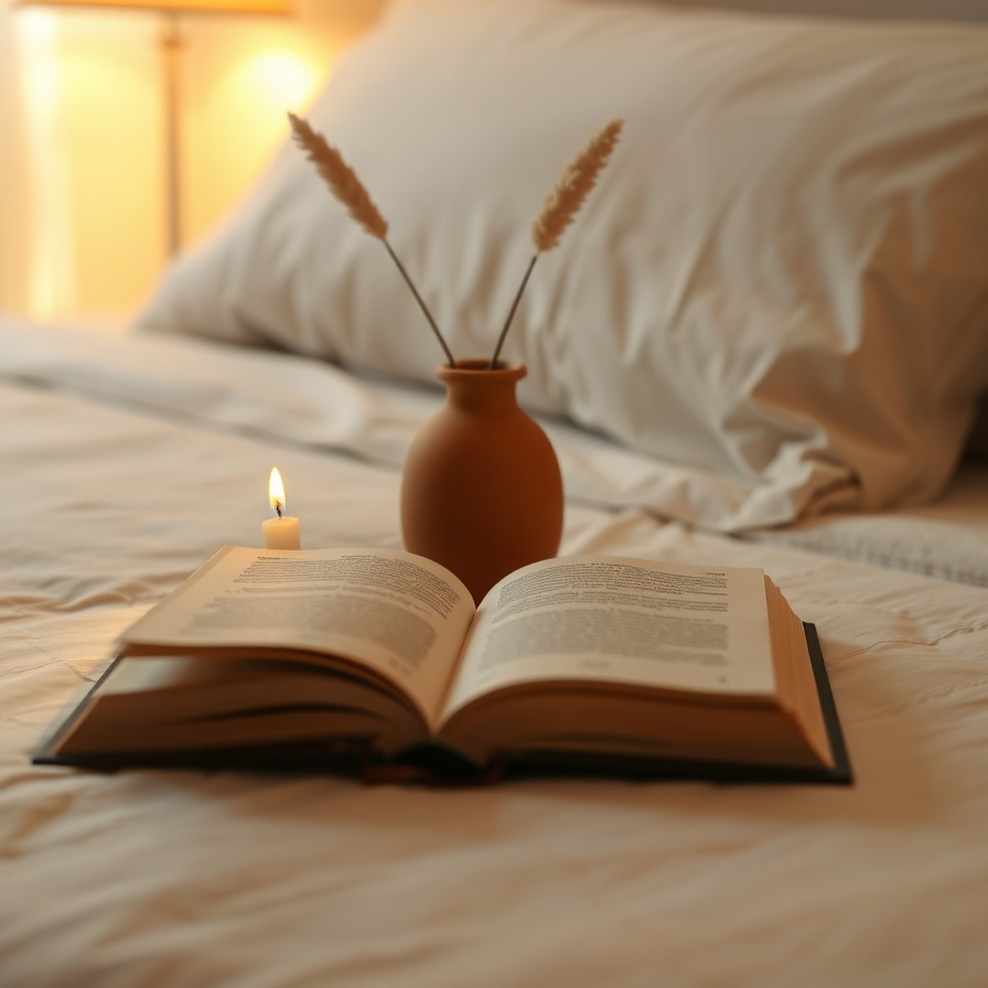 A bedside table with a single candle and a book