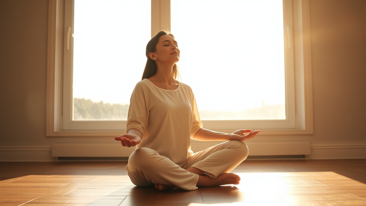 A person seated cross-legged near a sun-drenched window