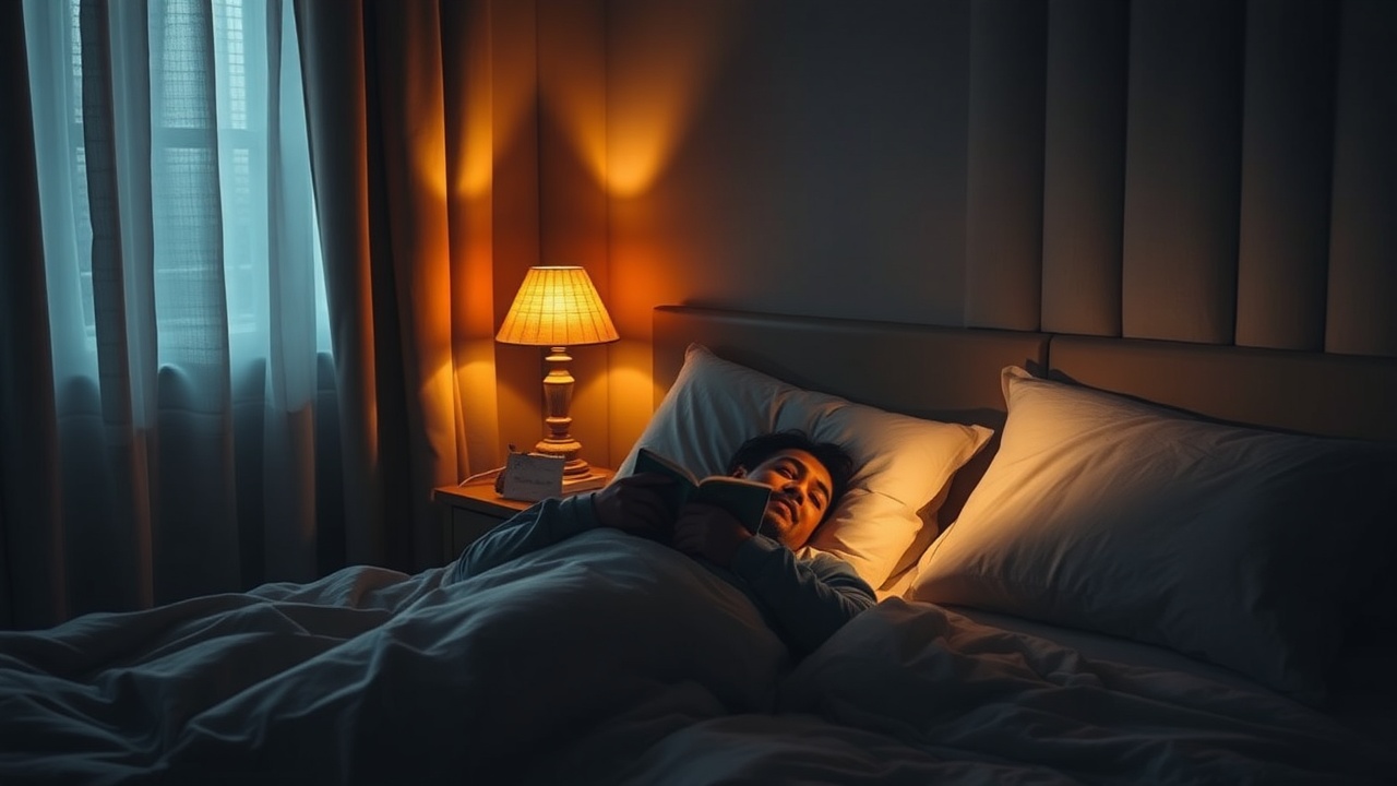 A cozy bedroom scene with a warm amber lamp illuminating a reading nook, no overhead lights on