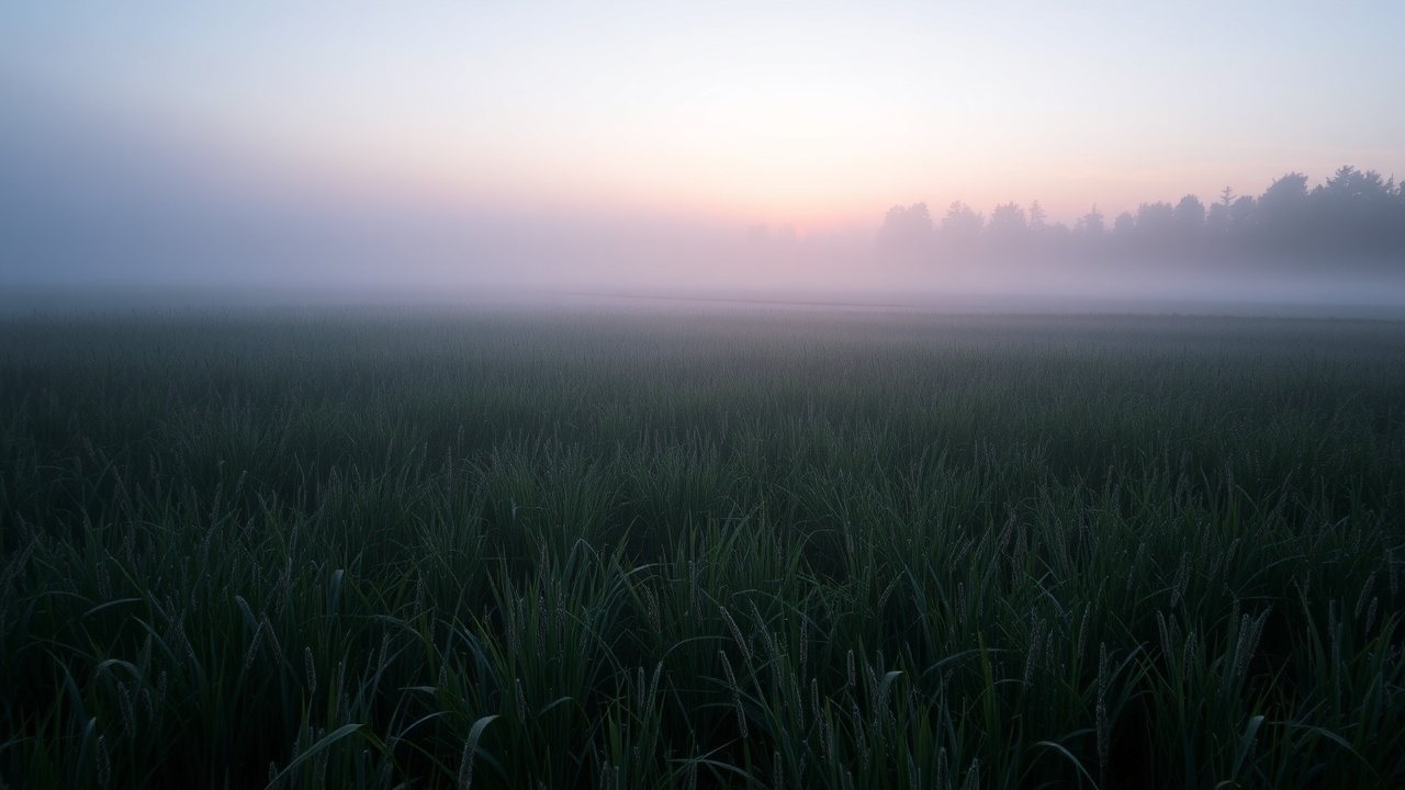 A misty meadow at dawn with warm low light filtering through the trees