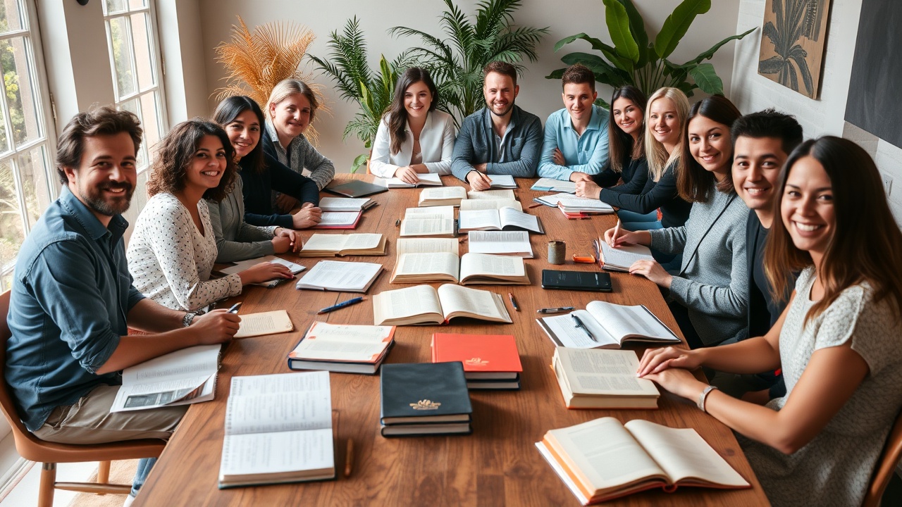 A diverse group of writers gathered for a collaborative workshop session, holding notebooks and pens