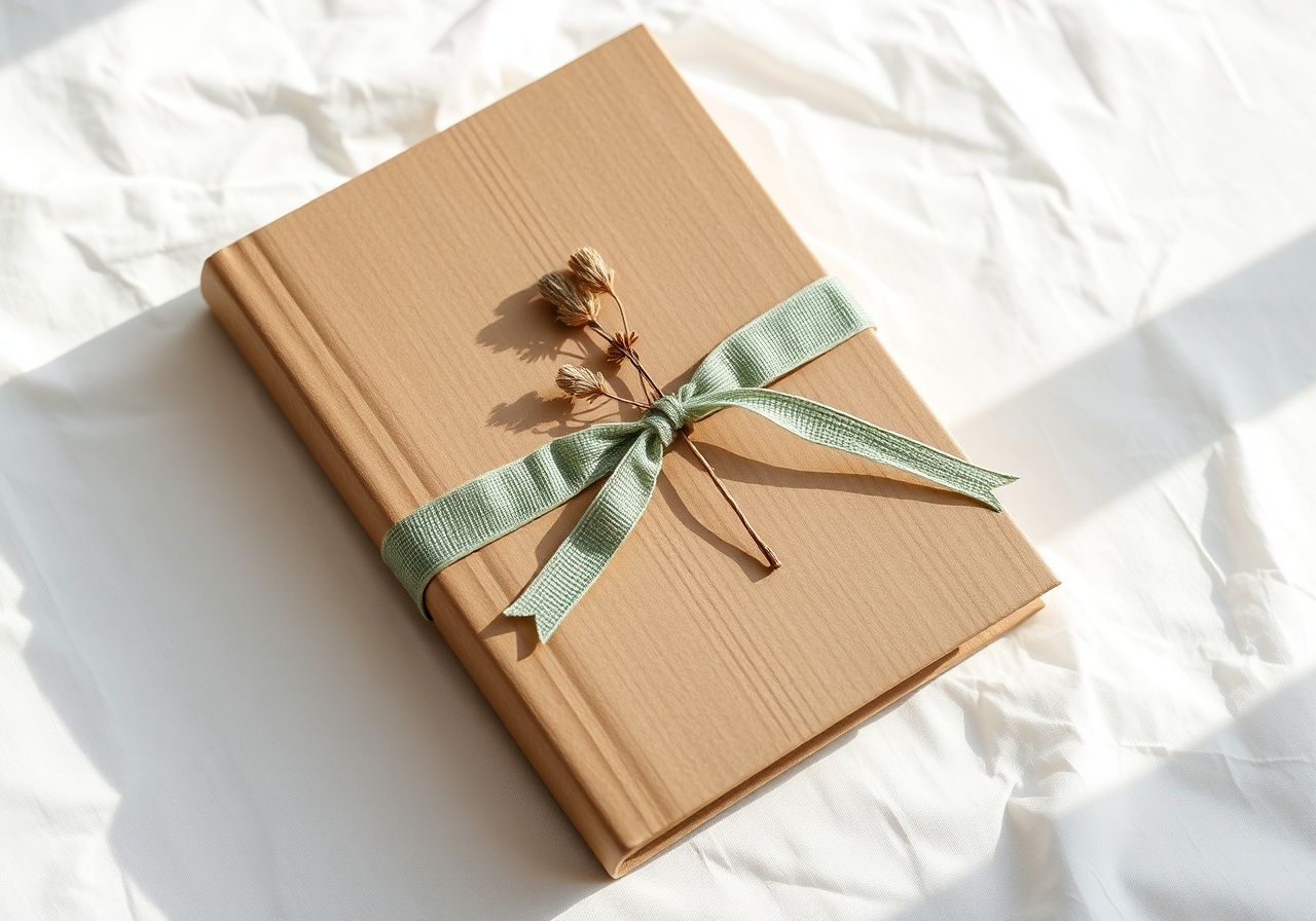 A wrapped journal with a dried flower sprig on linen
