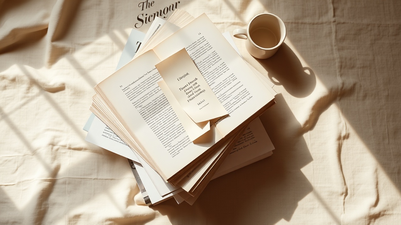 A stack of journals and a cup of tea on a wooden table, representing a calm reading space