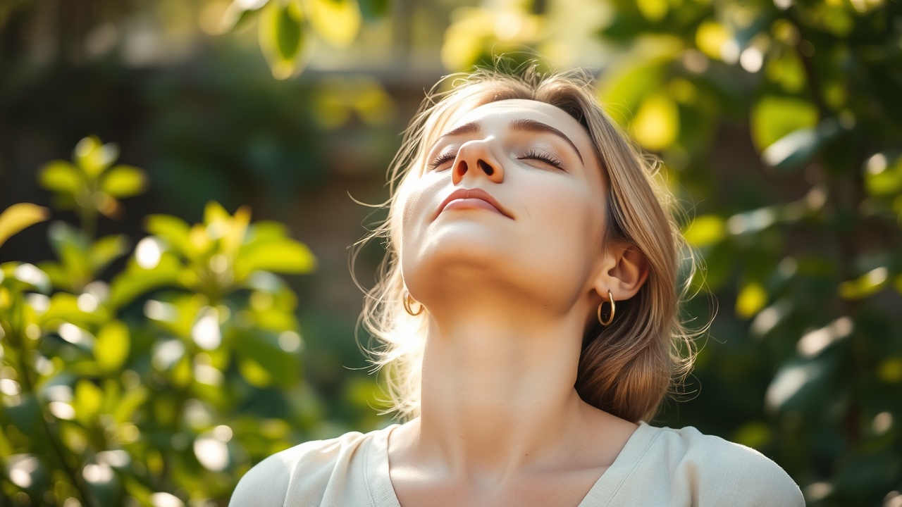 A person exhaling slowly in a quiet garden