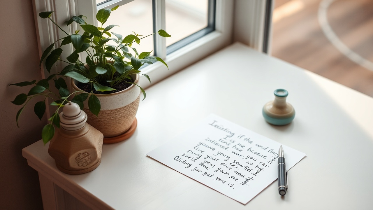 A serene wooden desk with a warm lamp, a notebook, and a steaming cup of tea, representing thoughtful correspondence